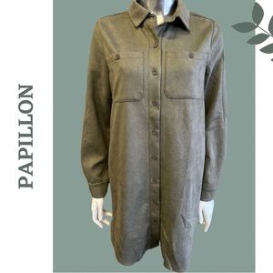 Papillon Shirt Dress Long Sleeve Button Front Faux Suede Microfiber Green Sz XS